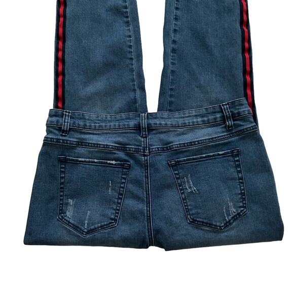 Tribal Jeans Distressed Stretch Raw Hem Side Red Stripe Ankle Jeans Size 12 - Picture 8 of 13
